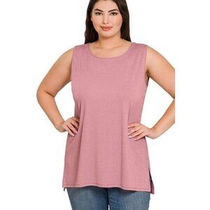Zenana Light Rose Sleeveless Side Split Tank Top RT8187
